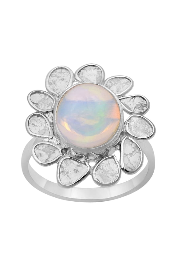 1.40 CTW Natural Diamond Polki Ethiopian Opal Cocktail Ring 925 Sterling Silver Women Valentines Day Gifts Jewelry
