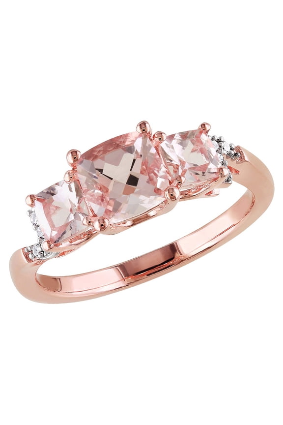 1.40 Carat (Ctw) Morganite Three Stone Ring with Diamonds in Rose Plated Sterling Silver for Women