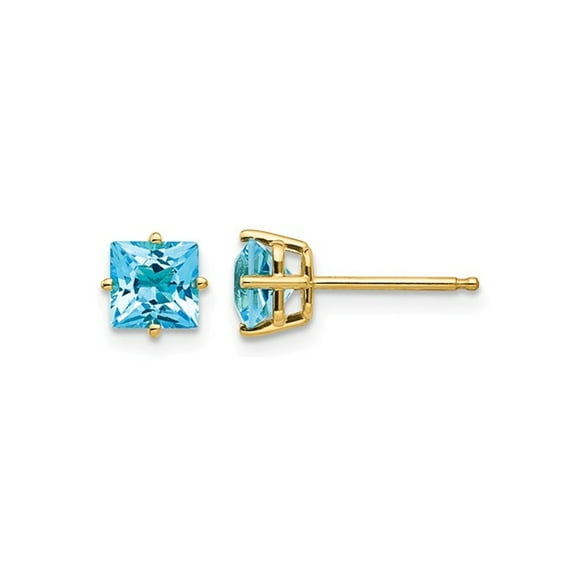 1.40 Carat (Ctw) Natural Princess Cut Blue Topaz Stud Earrings in 14K Yellow Gold