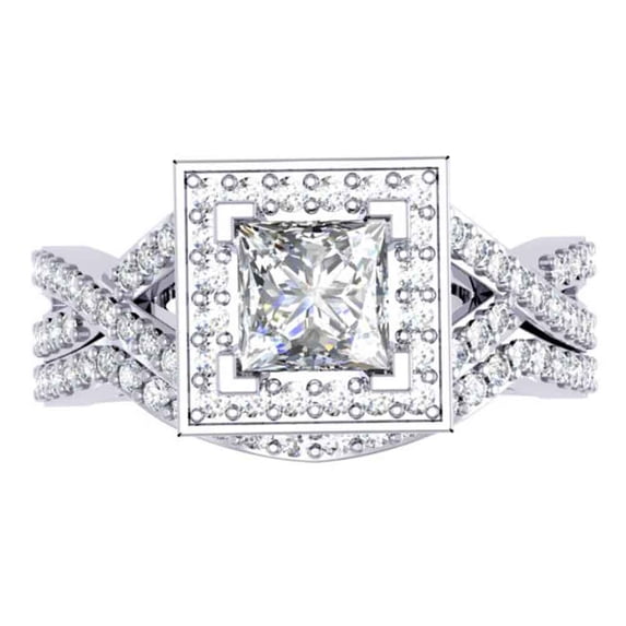 1.40 Carat (ctw) 18K White Gold Princess & Round Cut Diamond Ladies Twisted Split Shank Bridal Halo Engagement Ring With