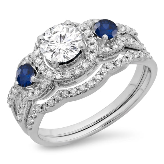 1.40 Carat (ctw) 18K White Gold Round Blue Sapphire & White Diamond Ladies 3 Stone Halo Bridal Engagement Ring With Matc