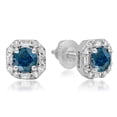 thumbnail image 1 of 1.40 Carat (ctw) 18K White Gold Round Cut Blue & Baguette & Round Cut White Diamond Ladies Halo Style Stud Earrings, 1 of 1