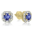 thumbnail image 1 of 1.40 Carat (ctw) 18K Yellow Gold Round Cut Tanzanite & Baguette & Round Cut White Diamond Ladies Halo Style Stud Earring, 1 of 1