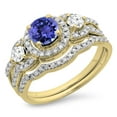 thumbnail image 1 of 1.40 Carat (ctw) 18K Yellow Gold Round Tanzanite & White Diamond Ladies 3 Stone Halo Bridal Engagement Ring With Matchin, 1 of 1