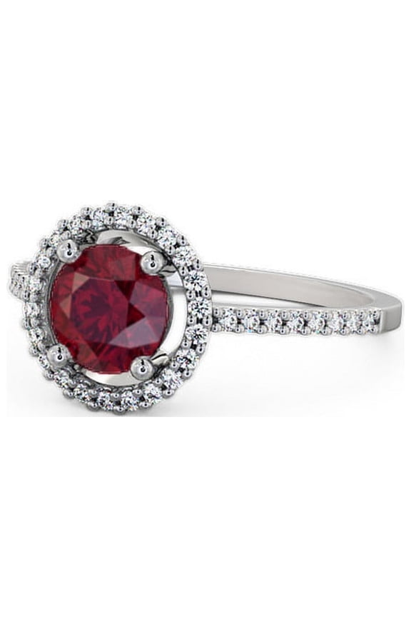1.40 Ct Round Cut Natural Red Ruby Diamond Stunning Halo Engagement Ring 14K White Gold Size 7