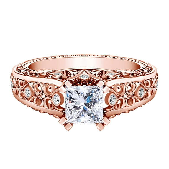 AFFY 1.41 Carat Princess Cut Moissanite & Natural Diamond Filigree Design Engagement Ring 14k Solid Rose Gold Ring Size-5.5