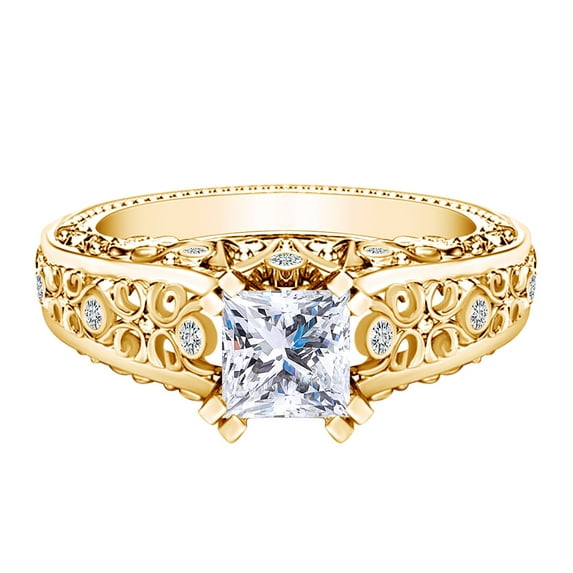 AFFY 1.41 Carat Princess Cut Moissanite & Natural Diamond Filigree Design Engagement Ring 14k Solid Yellow Gold Ring Size-7