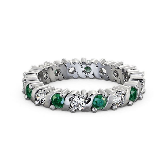 1.41 Ct Round Shape Beautiful Emerald Gemstone Genuine Diamond Eternity Band for Engagement 14K White Gold Size 10