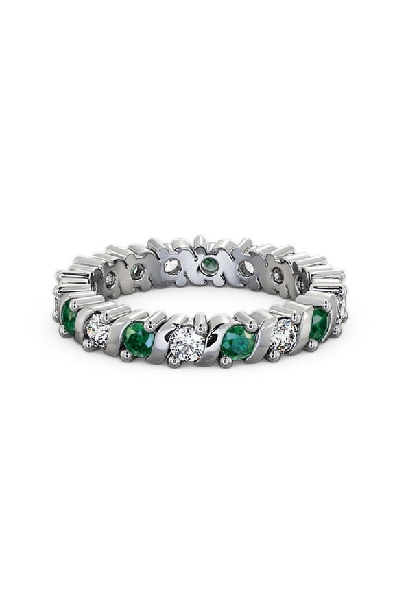 1.41 Ct Round Shape Beautiful Emerald Gemstone Genuine Diamond Eternity Band for Engagement 14K White Gold Size 8.5