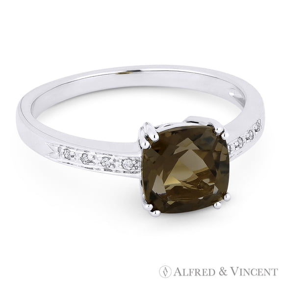 1.41ct Cushion Cut Smoky Topaz & Round Cut Diamond Engagement / Promise Ring in 14k White Gold