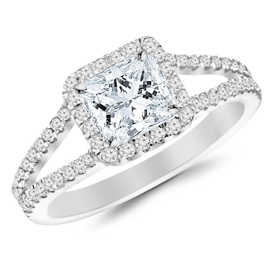 1.42 Carat t.w. Princess Shape/Center Silver Classic Halo Style Pave ...