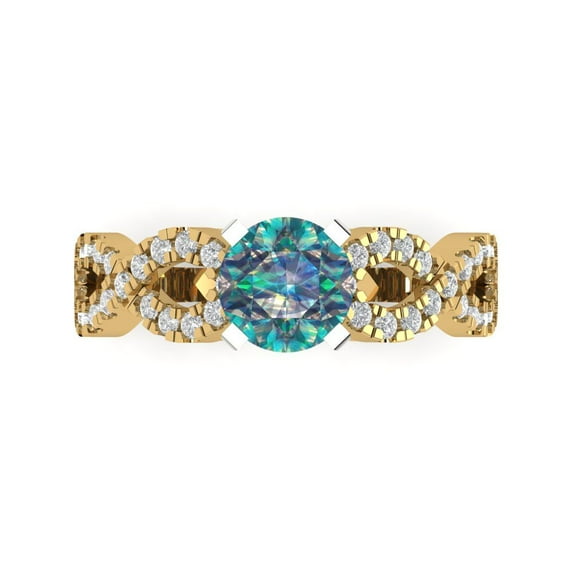 1.42 ctw Solitaire with Zirconia Diamond Accents Anniversary Ring for Women | Round Cut Blue Moissanite | Hyperallergenic Solid 18K Yellow/White Gold