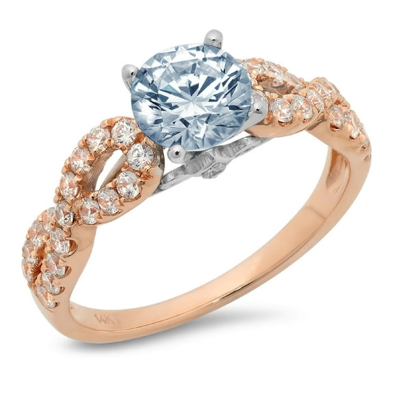 1.42 ct Round Cut Natural Aquamarine Solitaire with Simulated Diamond Accents 14K Rose/White Gold Womens Engagement Ring