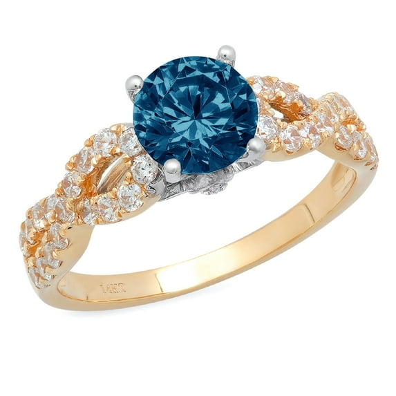 1.42 ct Round Cut Natural London Blue Topaz Solitaire with Simulated Diamond Accents 18K Yellow/White Gold Womens Engagement Ring