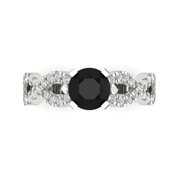 1.42 ctw Solitaire with Zirconia Diamond Accents Anniversary Ring for Women | Round Cut Natural Onyx | Hyperallergenic Solid 14K White Gold