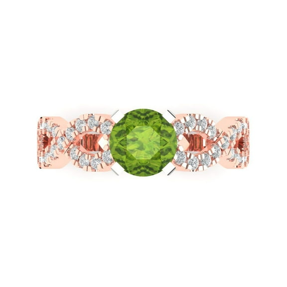 1.42 ctw Solitaire with Zirconia Diamond Accents Anniversary Ring for Women | Round Cut Natural Peridot | Hyperallergenic Solid 14K Rose/White Gold