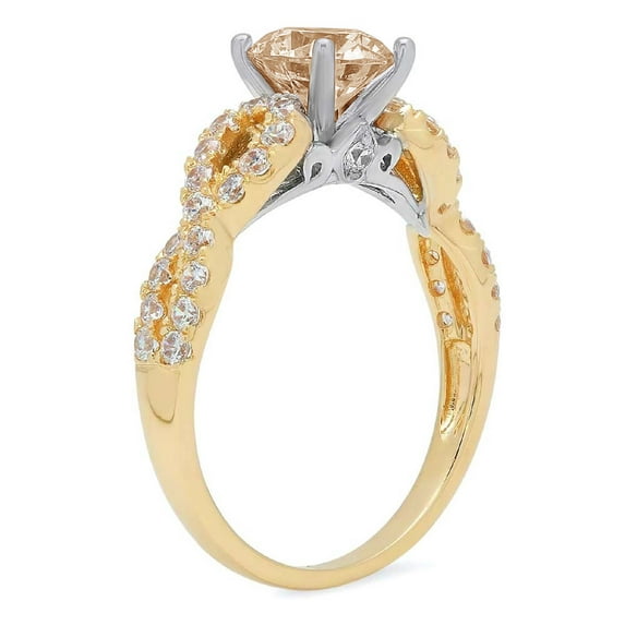 1.42 ct Round Cut Simulated Champagne Diamond Solitaire with Accents Engagement Ring for Women in 18K Yellow/White Gold