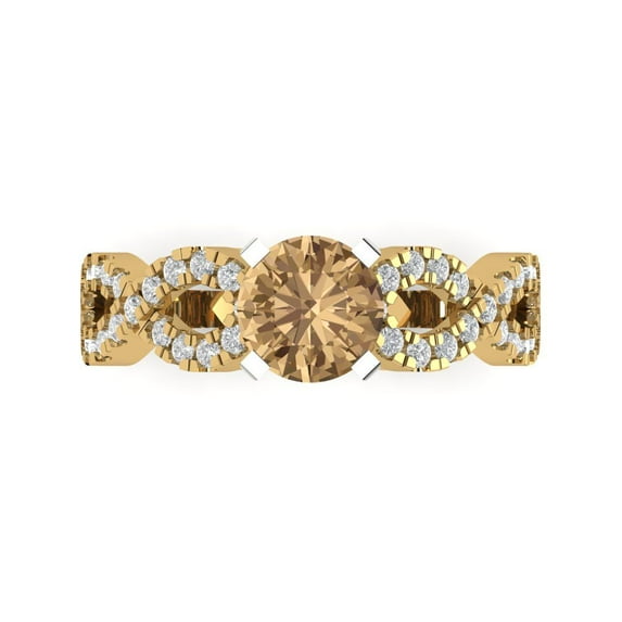 Clara Pucci 14K Yellow/White Gold Solid Gold Champagne Solitaire with Accents Anniversary Ring for Women - 1.42 cttw Round Cut