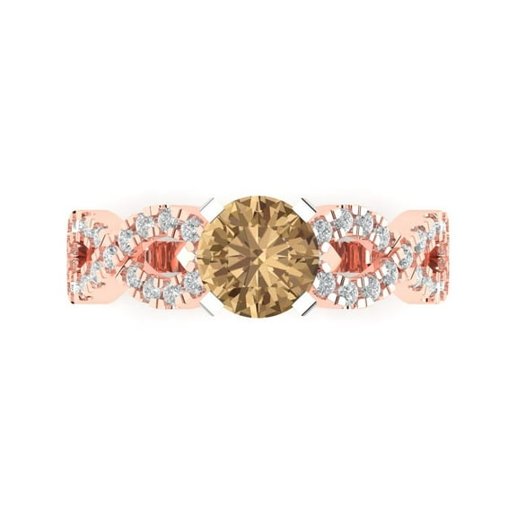 1.42 ct Round Cut Simulated Champagne Diamond Solitaire with Simulated Diamond Accents 18K Rose/White Gold Womens Engagement Ring