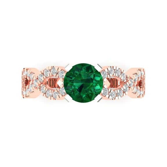 1.42 ctw Solitaire with Zirconia Diamond Accents Anniversary Ring for Women | Round Cut Simulated Emerald | Hyperallergenic Solid 14K Rose/White Gold