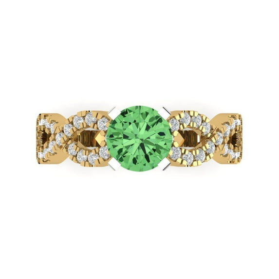 Clara Pucci 14K Yellow/White Gold Solid Gold Green Solitaire with Accents Anniversary Ring for Women - 1.42 cttw Round Cut