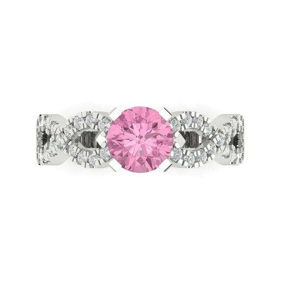 1.42 ctw Solitaire with Zirconia Diamond Accents Anniversary Ring for Women | Round Cut Simulated Pink Diamond | Hyperallergenic Solid 14K White Gold