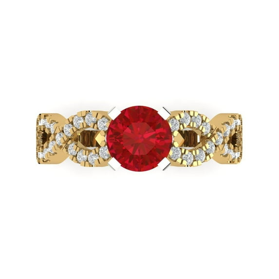Clara Pucci 14K Yellow/White Gold Solid Gold Ruby Solitaire with Accents Anniversary Ring for Women - 1.42 cttw Round Cut