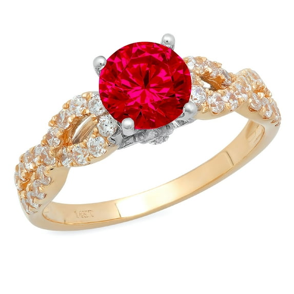 1.42 ct Round Cut Simulated Ruby Solitaire with Simulated Diamond Accents 18K Yellow/White Gold Womens Engagement Ring