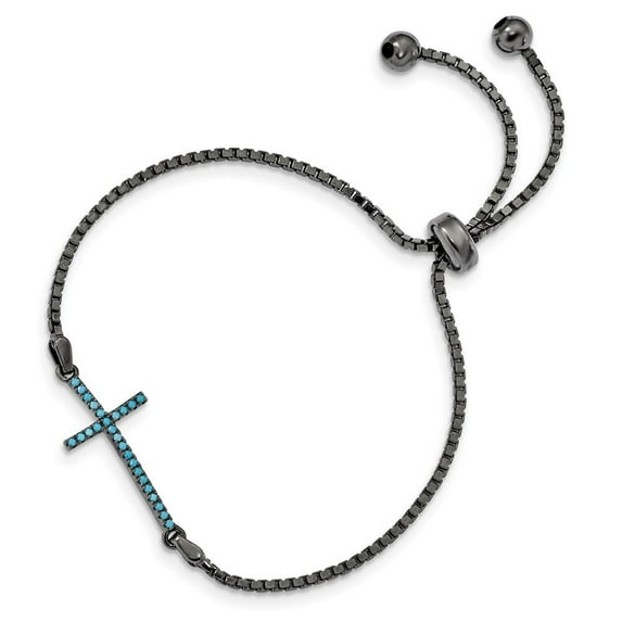 1.42mm Sterling Silver Black-rhodium Dyed White Howlite Cross Adjust. Bracelet - 5.2 Grams