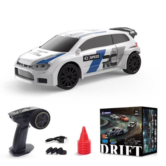 1/43 2.4G RC Electric Mini Racing Drift Car Model with Lights Kit, 4WD High Simulation Car Shell, USB Rechargeable, with 18 Traffic Cones and Extra Drift Tires, Rally Blue-RTR