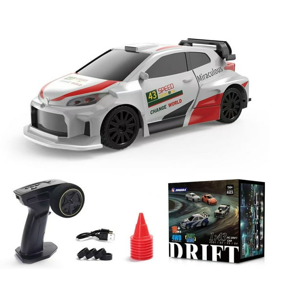 1/43 2.4G RC Electric Mini Racing Drift Car Model with Lights Kit, 4WD High Simulation Car Shell, USB Rechargeable, with 23 Traffic Cones and Extra Drift Tires, Rally Red-Gyro