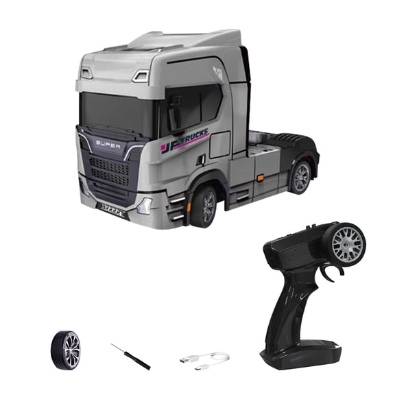 1/43 Scale 2.4G Full-Proportional Mini RC Drifting Semi-Truck with Gyroscope, Road Cones and Drift Tires (Silver)