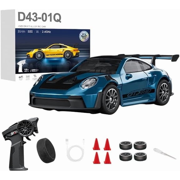 1/43 Scale 4WD Alloy RC Drift Car with Gyro 2.4GHz Full Proportional Adjustable Speed Silent Bearings LED for Adults
