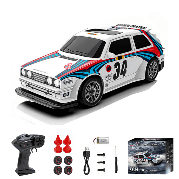 1/43 Scale 4WD RC Drift Car, 2.4G High Speed Mini Racing Vehicle with Drift & Racing Tires, Lights, Desktop Remote Control Cars Model for Adults - Blue & White KF34