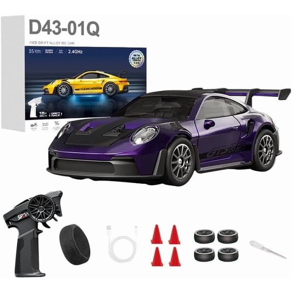 1:43 Scale Alloy 4WD RC Drift Car with Gyro, 2.4GHz Full Proportional Control, Silent Bearings, Adjustable Speed and LED Lights