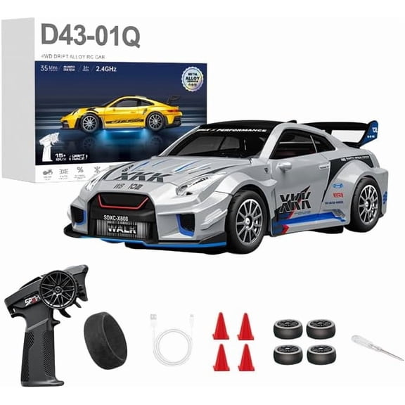 1:43 Scale Alloy 4WD RC Drift Car with Gyro, 2.4GHz Full Proportional Control, Silent Bearings, Adjustable Speed and LED Lights