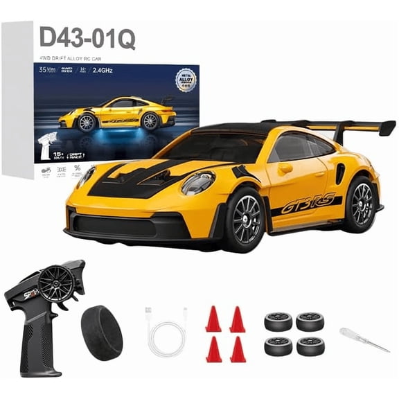 1:43 Scale Alloy 4WD RC Drift Car with Gyro, 2.4GHz Full Proportional Control, Silent Bearings, Adjustable Speed and LED Lights