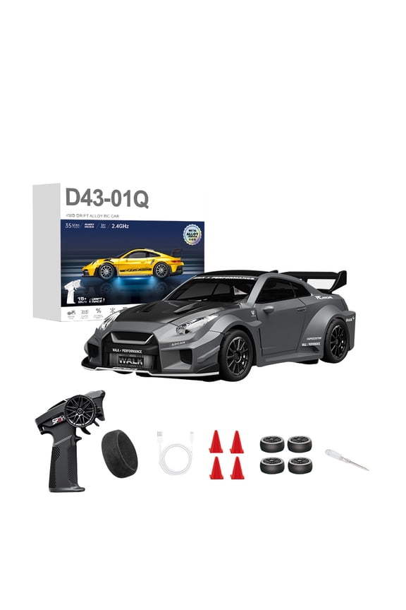 1/43 Scale Alloy Body RC Drift Car with Dual Drift/Race Modes, 2.4G 4WD RC Racing Car with LED Lights & Adjustable Gyro, Desk Racer Model for Enthusiasts
