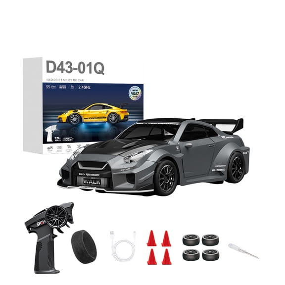 1/43 Scale Alloy Body RC Drift Car with Dual Drift/Race Modes, 2.4G 4WD RC Racing Car with LED Lights & Adjustable Gyro, Desk Racer Model for Enthusiasts