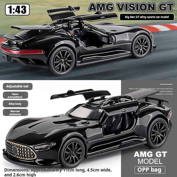 1:43 Scale Alloy Hypercar Model, Gloss Black Two-Door Sports Coupe with Open Doors & Liftable Rear Wing