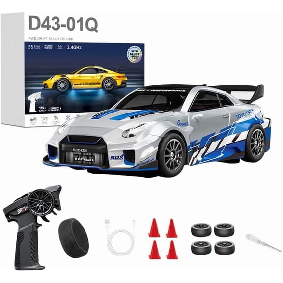 1/43 Scale Alloy RC Drift Car 4WD 2.4G Full Proportional Remote Control Racing Vehicle With Gyro & LED Lights Adjustable Speed Desktop Model For Adults Hobbyists - Q5/Liquid Silver / D43-02