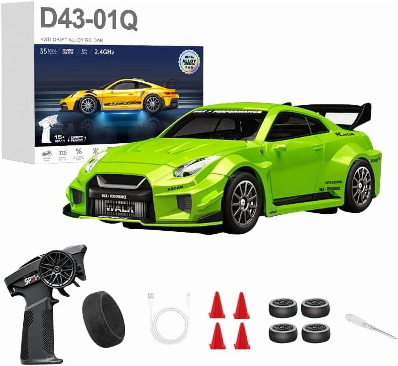 1/43 Scale Alloy RC Drift Car 4WD 2.4G Full Proportional Remote Control Racing Vehicle With Gyro & LED Lights Adjustable Speed Desktop Model For Adults Hobbyists - Q3/Apple Green / D43-02