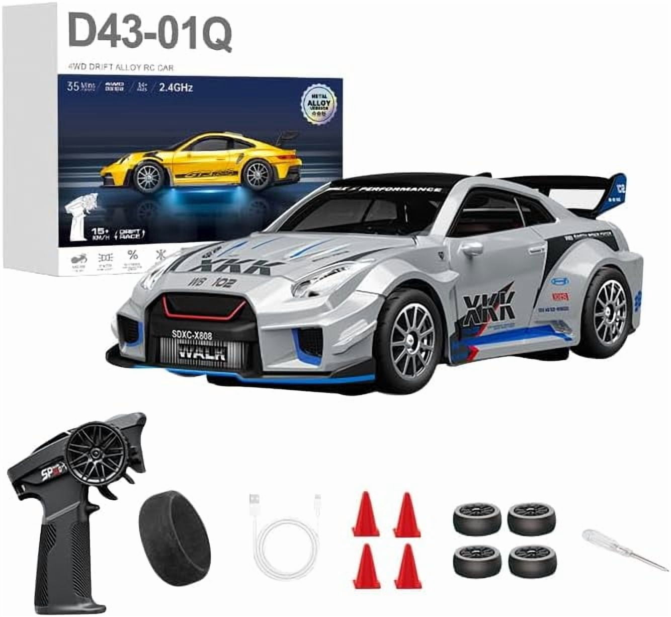 1/43 Scale Alloy RC Drift Car 4WD 2.4G Full Proportional Remote Control Racing Vehicle With Gyro & LED Lights Adjustable Speed Desktop Model For Adults Hobbyists - Q2/Mecha War Silver / D43-02