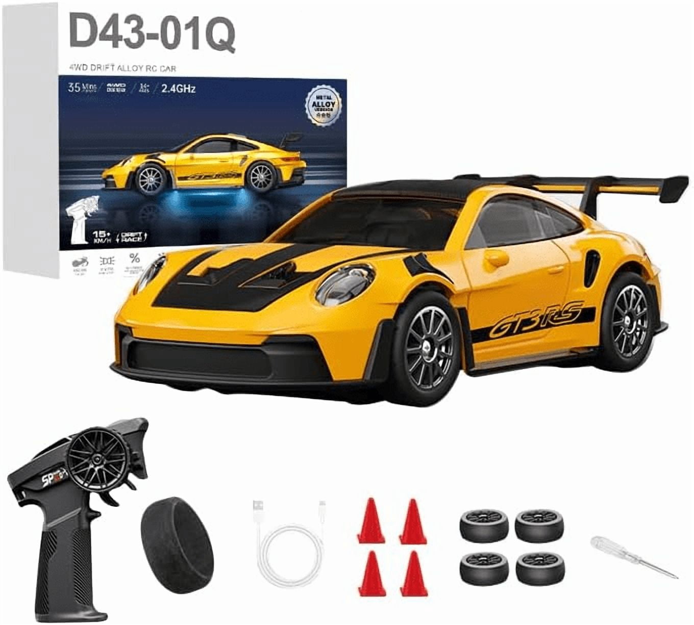 1/43 Scale Alloy RC Drift Car 4WD 2.4G Full Proportional Remote Control Racing Vehicle With Gyro & LED Lights Adjustable Speed Desktop Model For Adults Hobbyists - Q1/Yellow / D43-01