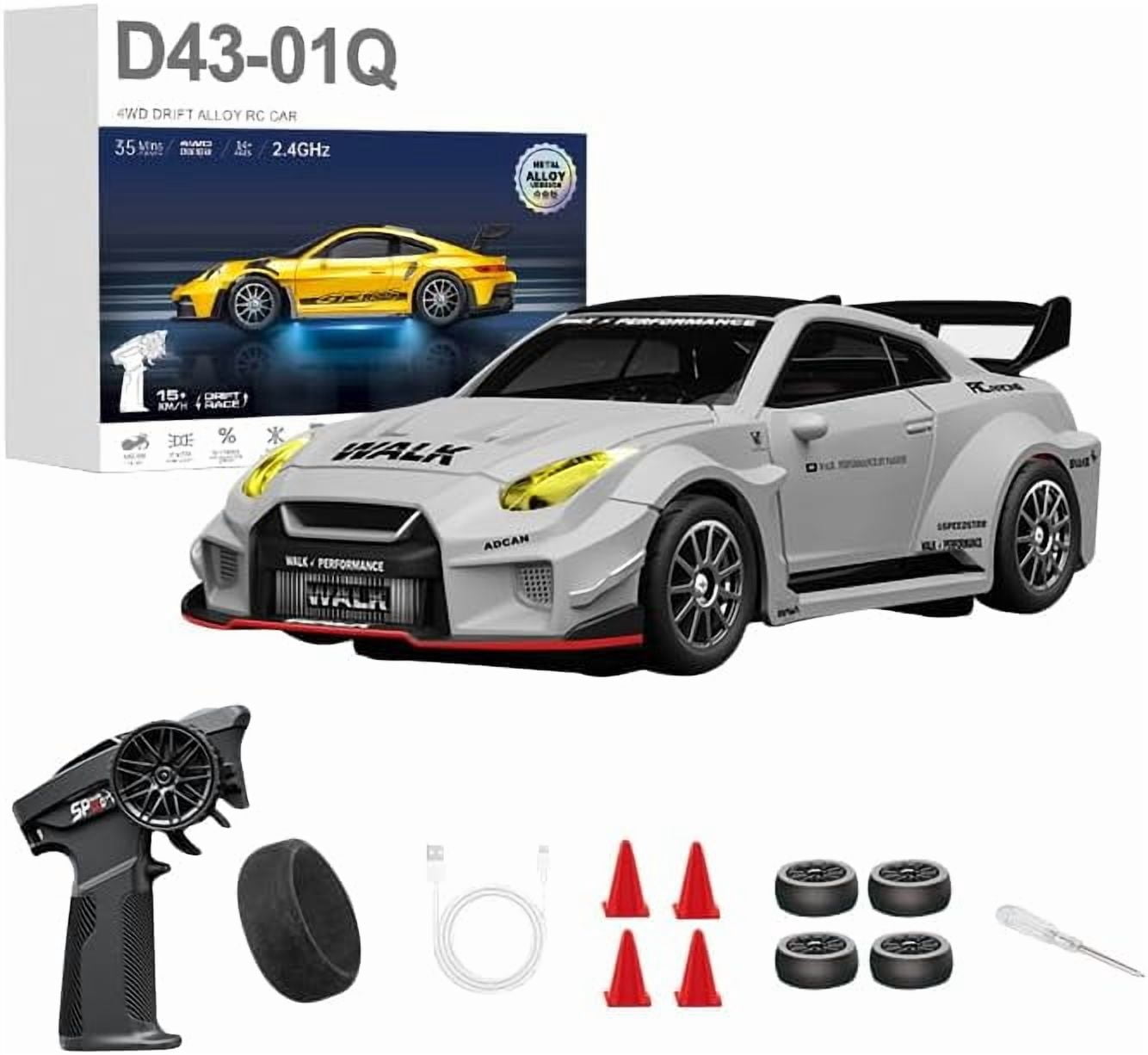1/43 Scale Alloy RC Drift Car 4WD 2.4G Full Proportional Remote Control Racing Vehicle With Gyro & LED Lights Adjustable Speed Desktop Model For Adults Hobbyists - Q10/Gray / D43-02