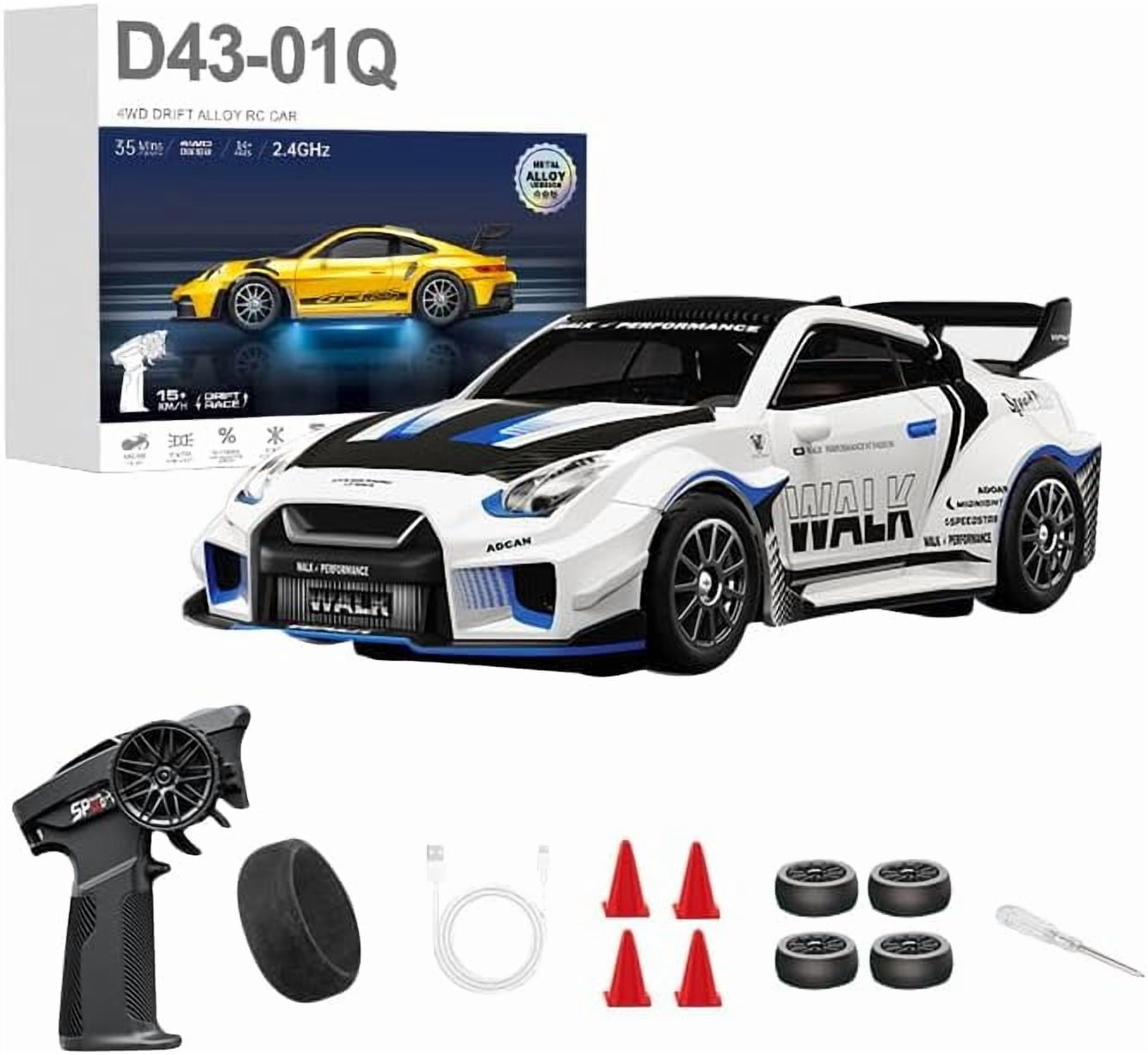 1/43 Scale Alloy RC Drift Car 4WD 2.4G Full Proportional Remote Control Racing Vehicle With Gyro & LED Lights Adjustable Speed Desktop Model For Adults Hobbyists - Q1/Mecha War White / D43-02