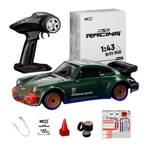 1:43 Scale Mini Alloy RC Drift Car, 2.4G 4WD Full-Scale Control Drift Racing Car with Openable Doors, Gyroscope Stabilization & Colorful LED Lights for Hobbyist - RTR