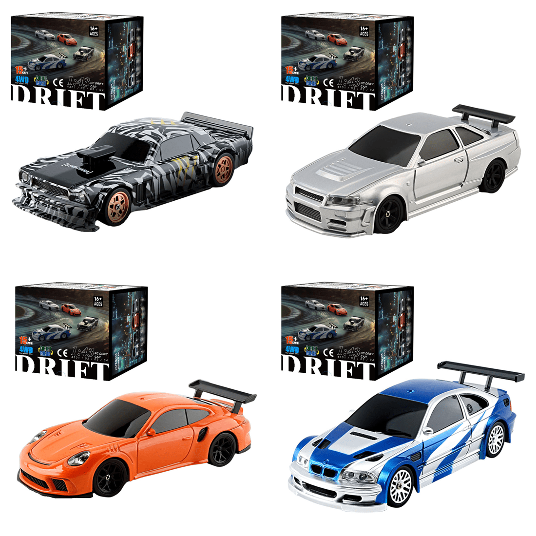 1:43 Scale Mini RC Drift Car, 2.4G Full Proportional 4WD Electric Drifting Racing Car with Gyro Stabilization & Linkage Light Group for Adults - RTR
