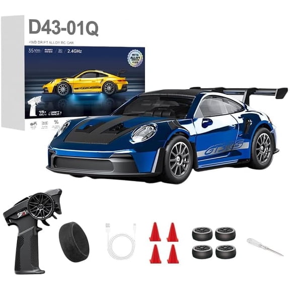 1/43 Scale RC Drift Car, 2.4G Full Proportional 4WD Remote Control Car with Gyro, Adjustable Speed & LED Lights, Alloy RC Vehicle for Adult Hobbyist