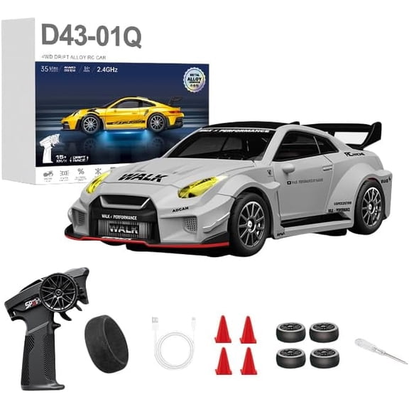 1/43 Scale RC Drift Car, 2.4G Full Proportional 4WD Remote Control Car with Gyro, Adjustable Speed & LED Lights, Alloy RC Vehicle for Adult Hobbyist